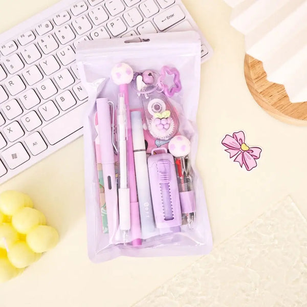 A purple pouch containing a 6-in-1 cartoon school stationery kit with various pink and purple pens and tools.