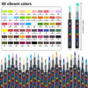 Un juego de 60 marcadores de pintura acrílica vibrantes mostrados en formato de cuadrícula con nombres de colores.