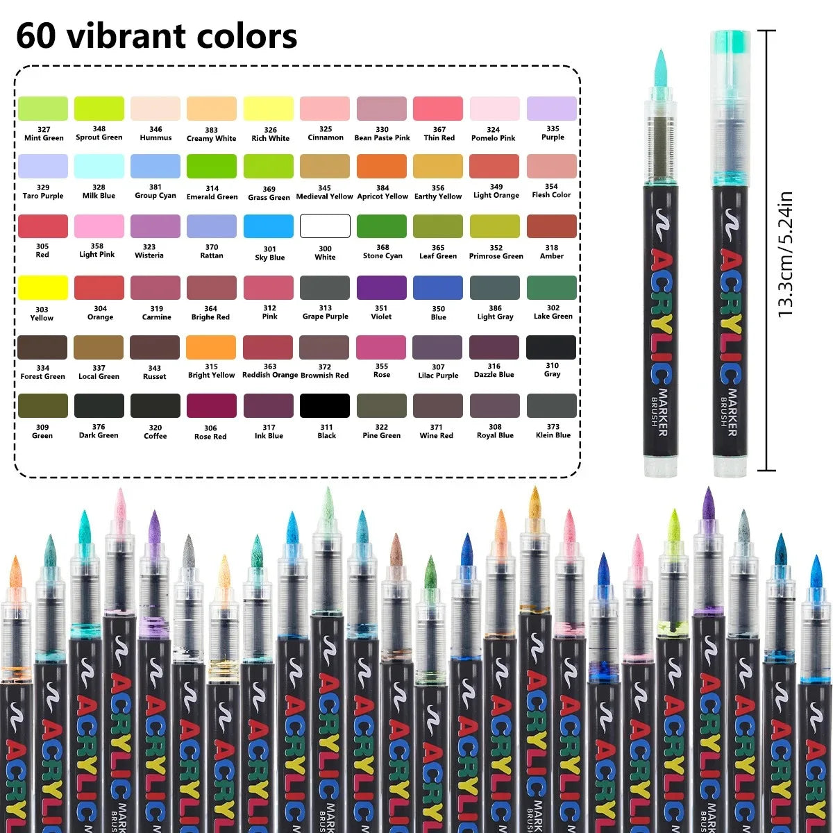 Un juego de 60 marcadores de pintura acrílica vibrantes mostrados en formato de cuadrícula con nombres de colores.