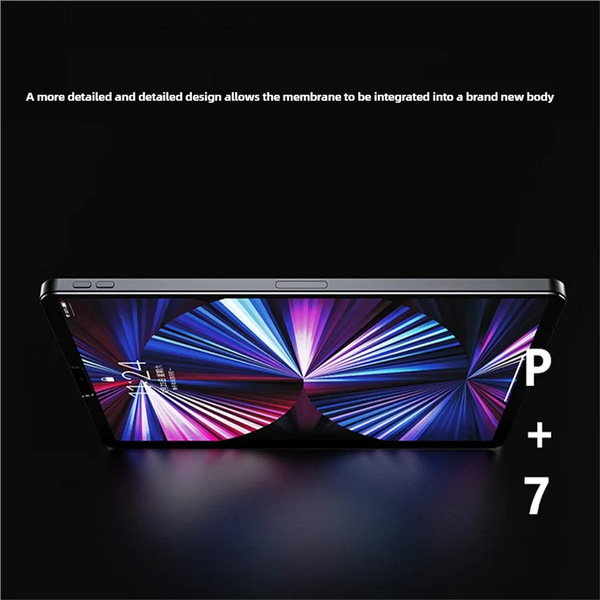 A close-up view of an iPad screen with a vibrant, colorful display and a glass protector being applied.