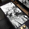 A black and white illustration of a fierce, spiky creature or monster on an oversized mouse pad.