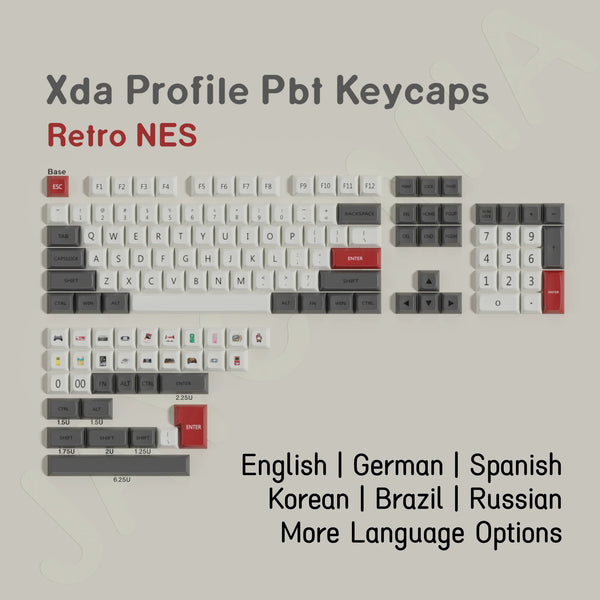 A set of Retro NES style PBT keycaps for mechanical keyboards, featuring various letter and function keys.