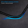 Close-up of a black gaming mouse pad showing a blue stitched edge detail.