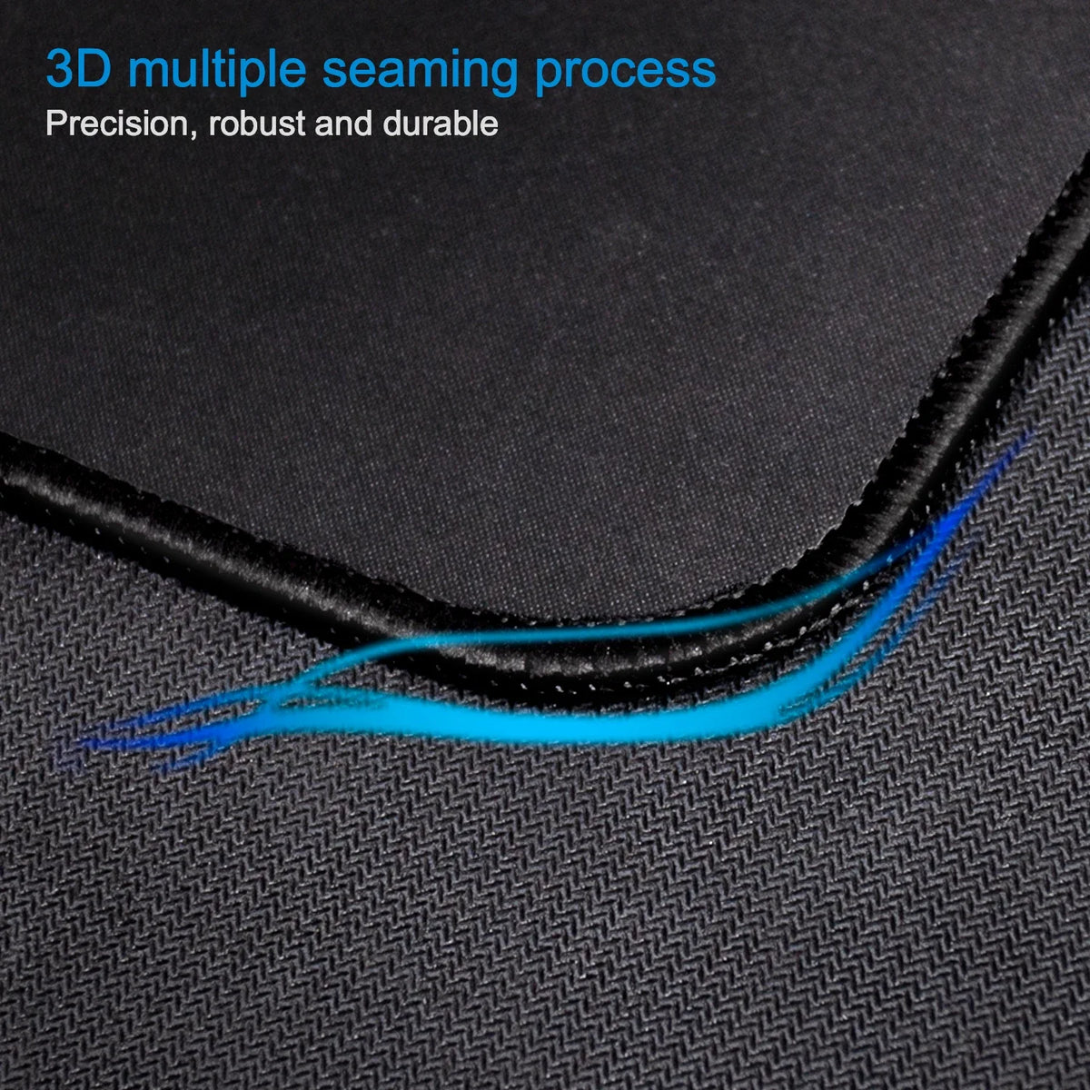 Close-up of a black gaming mouse pad showing a blue stitched edge detail.