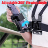 A hand holds a purple phone attached to an adjustable black mount designed for 360-degree viewing angle.