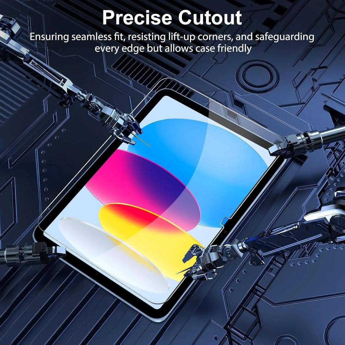 A close-up view of a tempered glass screen protector being applied to an iPad, highlighting precise cutout features.