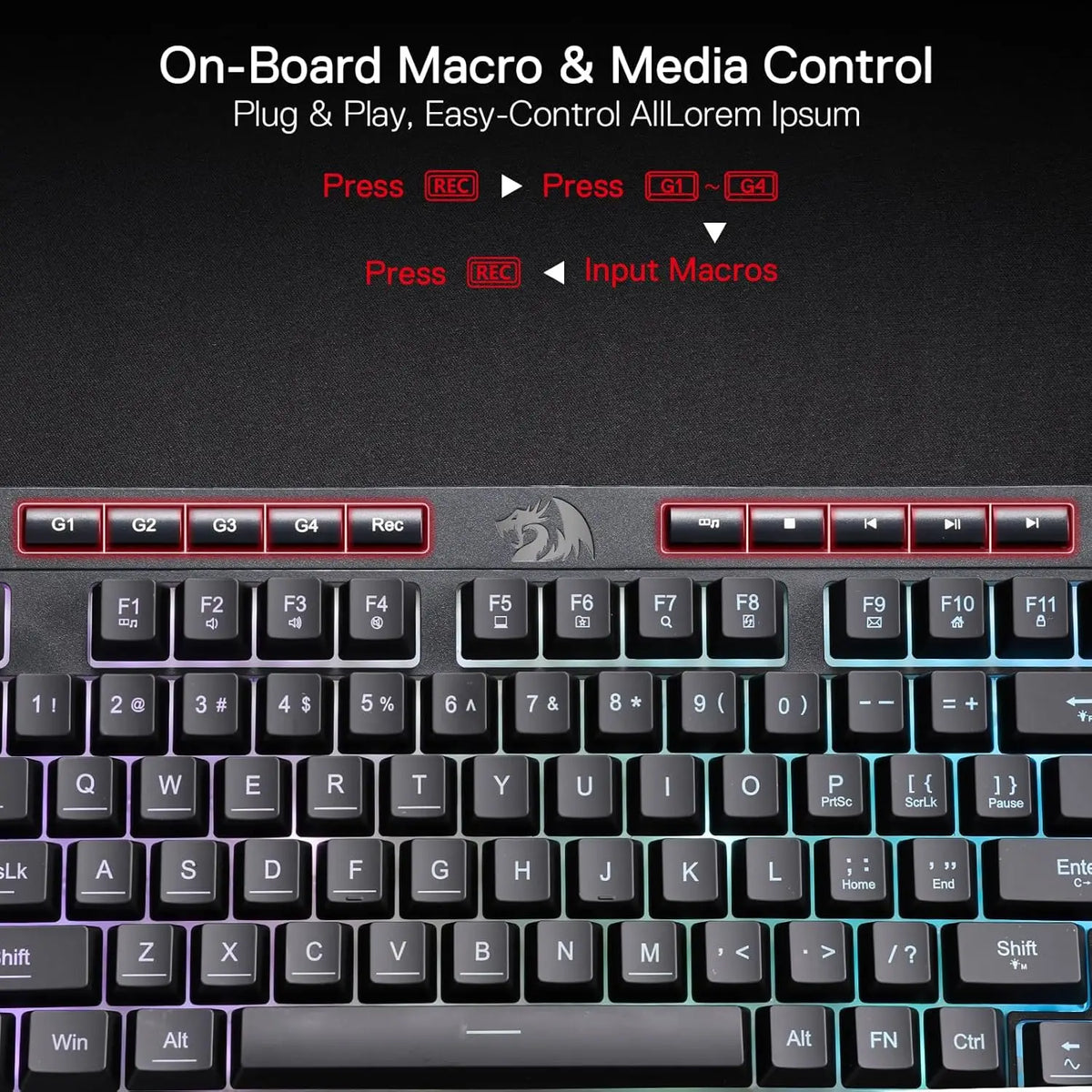 On-Board Macro & Media Control feature on a gaming keyboard showing input macro controls