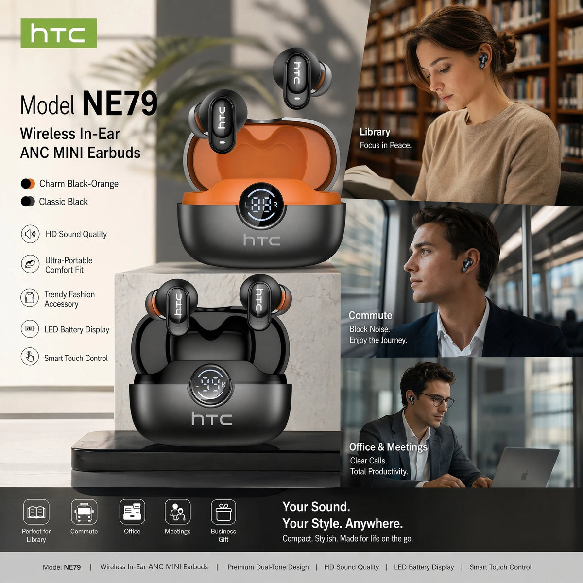 HTC NE79 wireless in-ear earbuds shown with various color options and usage contexts.