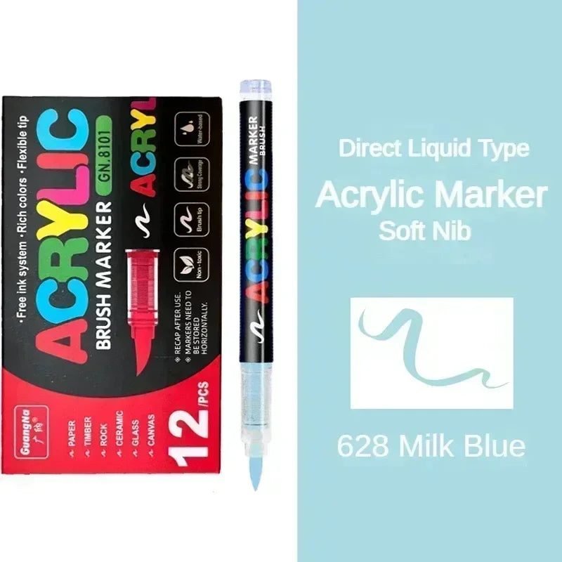 A set of 12 Acrylic Markers in Milk Blue with soft nibs and a brush marker.