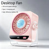 A pink desktop fan with a circular grille and a digital display showing 100% battery life resting on a clear stand.