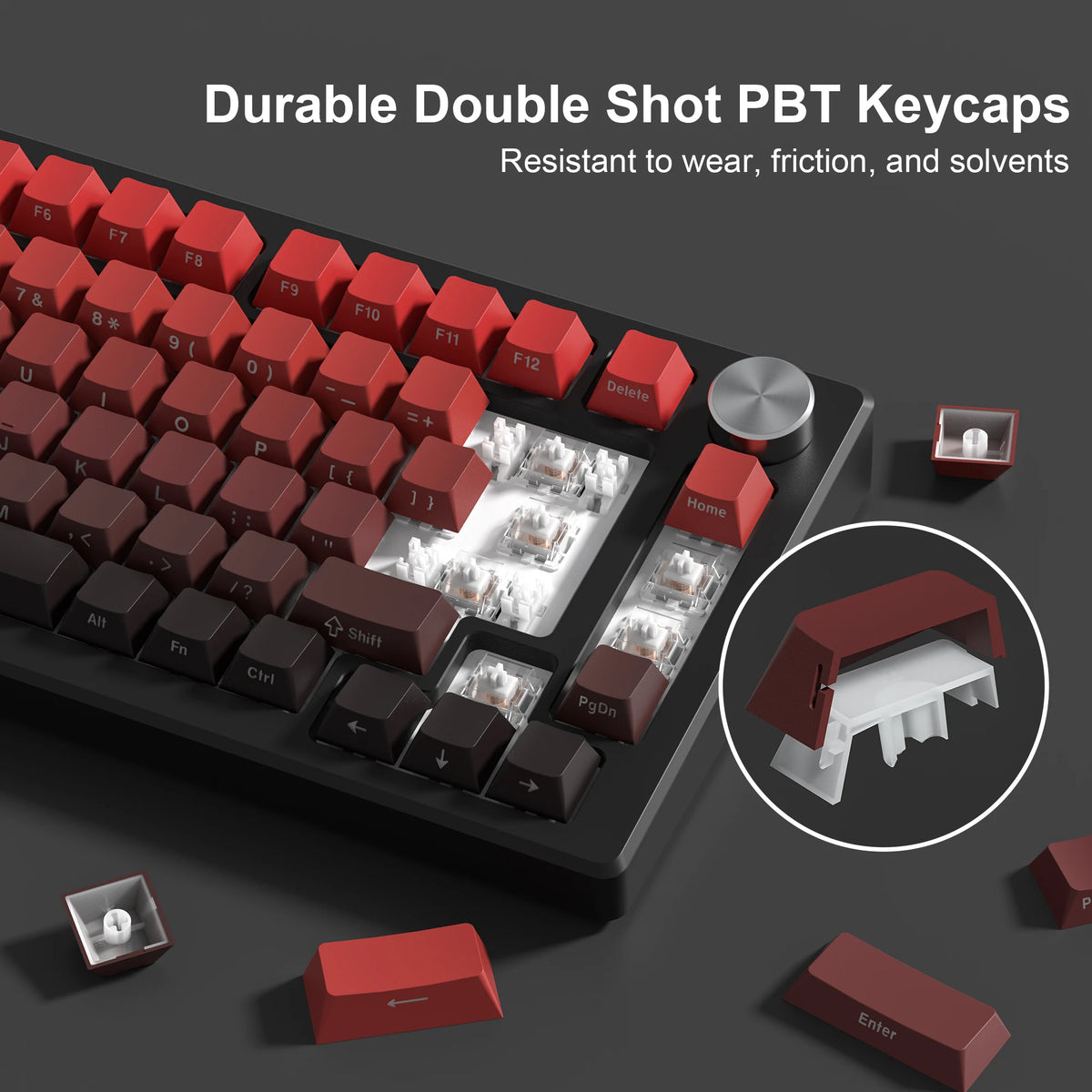 Nahaufnahme strapazierfähiger roter Double-Shot PBT-Tastenkappen auf einer mechanischen Tastatur, zeigt verschiedene Tasten u