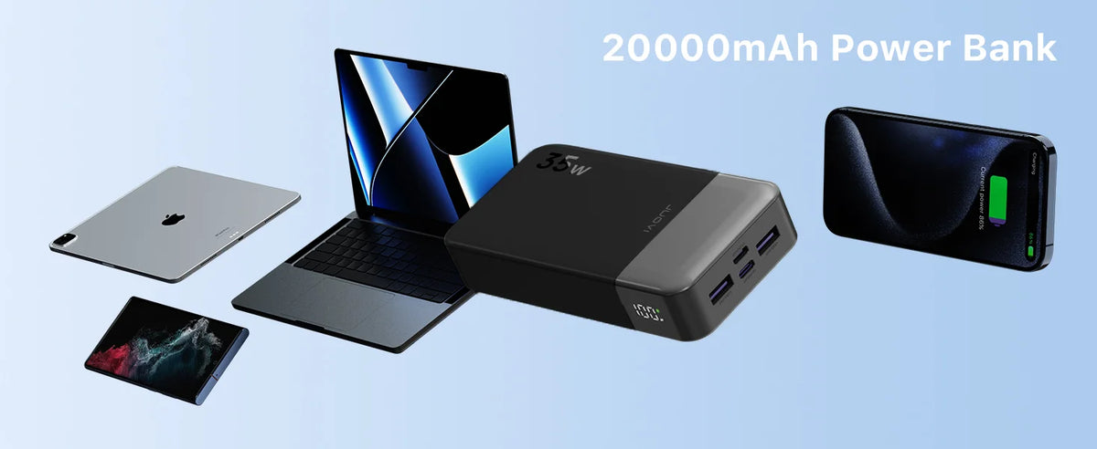 A black 20000mAh power bank is shown next to an Apple laptop, a smartphone, and a tablet.