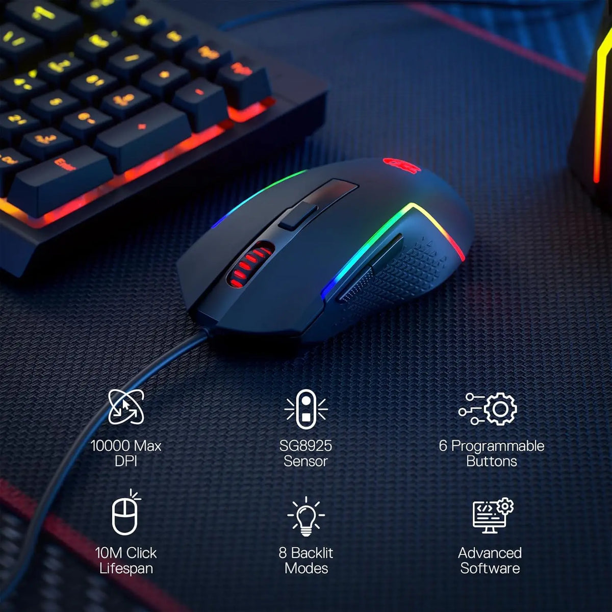 A close-up of a dark gaming mouse with RGB lighting and a cable resting on a dark surface, highlighting its features.