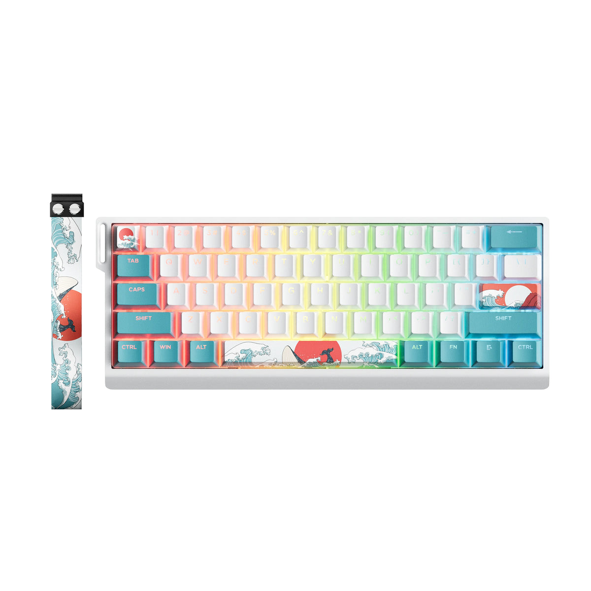 A white aluminum mechanical keyboard with colorful keycaps and a vertical cable shown next to it.