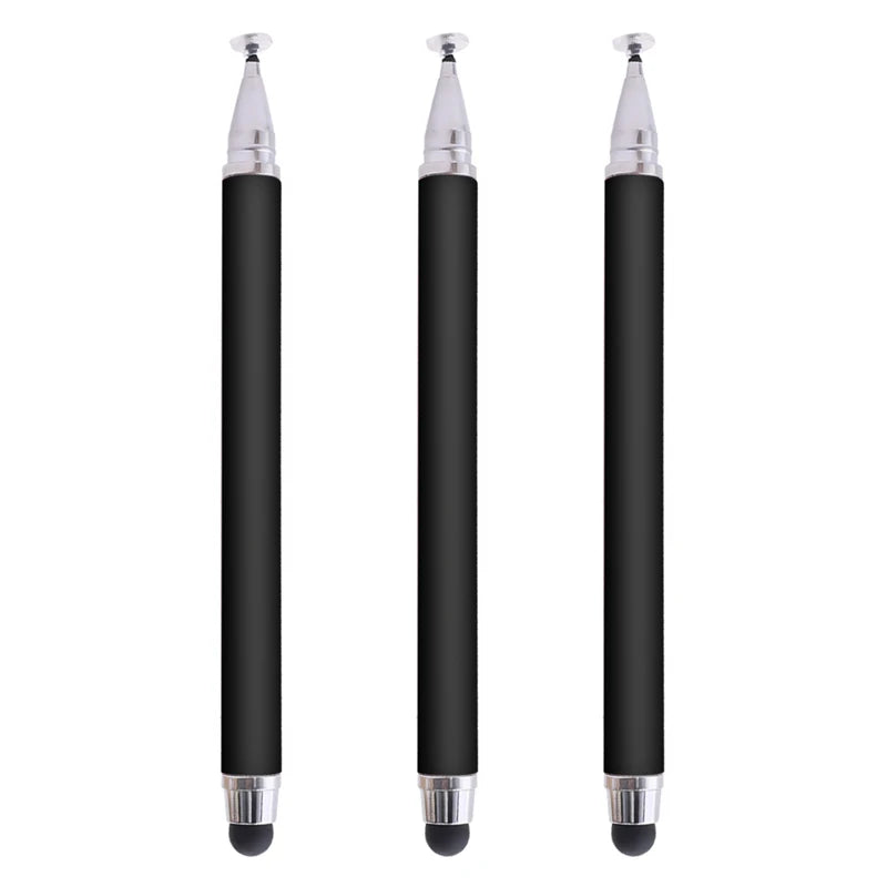 A black dual-tip capacitive stylus pen with silver tips shown vertically.