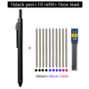 A black ballpoint pen set including one pen, ten refills, and one box of lead with four black, four blue, and two red pencils