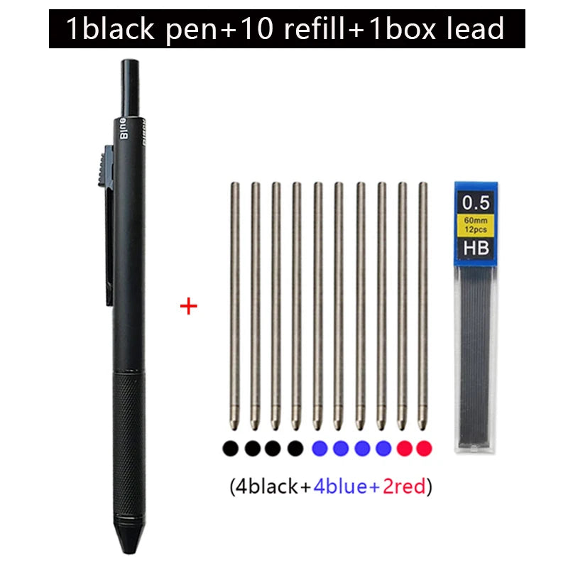 A black ballpoint pen set including one pen, ten refills, and one box of lead with four black, four blue, and two red pencils