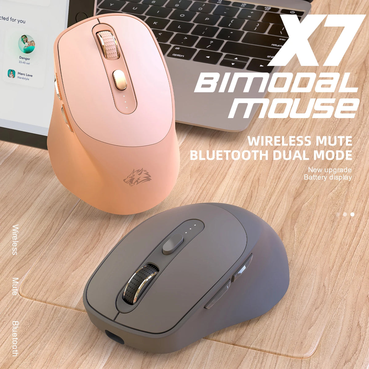 A pink and gray dual-mode wireless mouse is shown next to a laptop, highlighting its features.