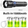 A built-in 15000mAh flashlight with a lens and a charging cable next to three glass containers filled with liquid.