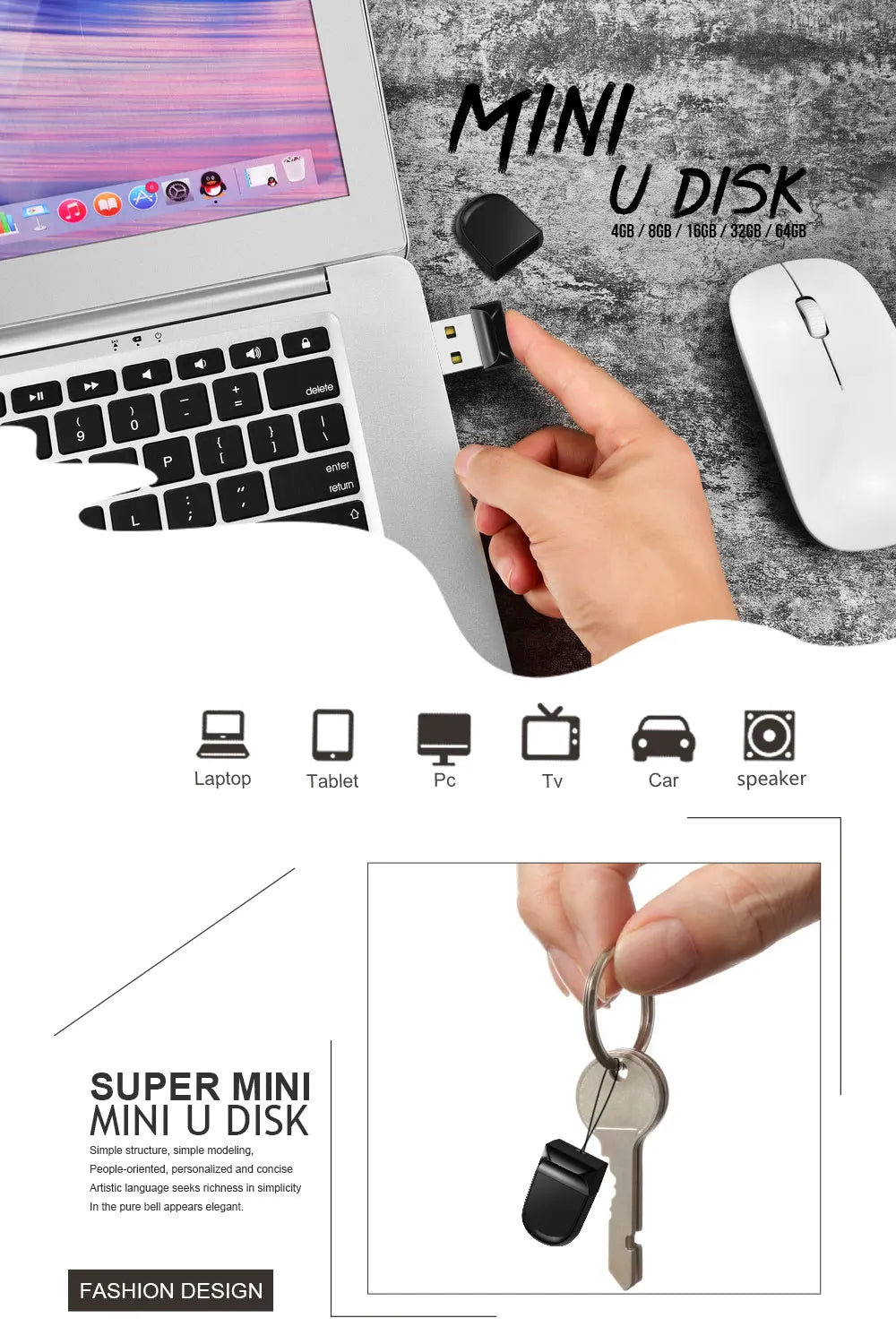 Eine Hand hält eine Mini-USB-Disk neben einem Laptop und verschiedenen elektronischen Geräten.