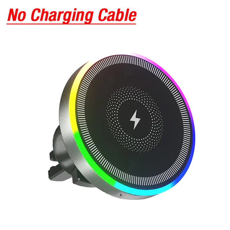 A round magnetic wireless car charger with an RGB ambient light feature.