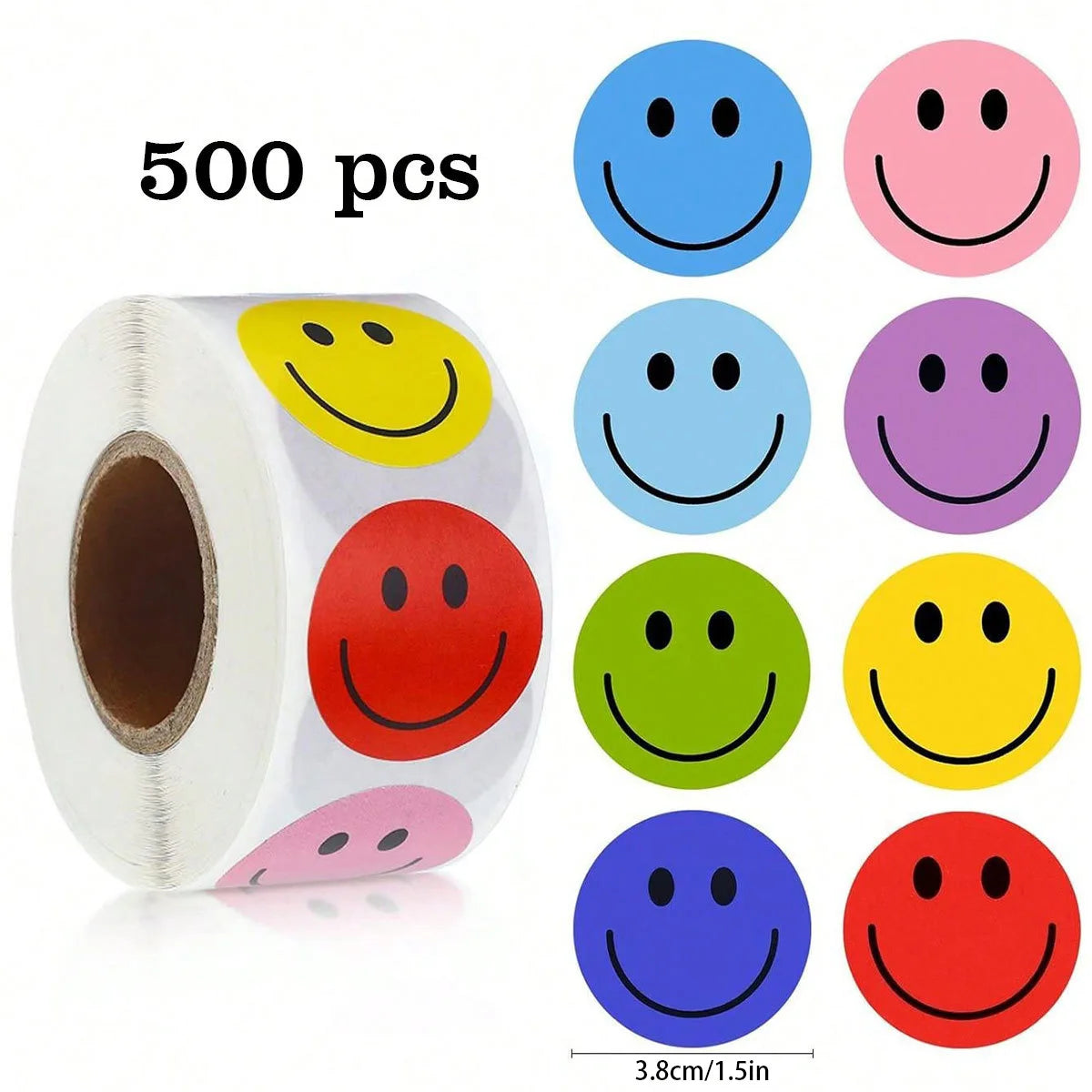 A roll of 500 smiling face paper stickers in various colors including blue, pink, purple, green, yellow, and red.