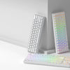 A display of custom printed jelly keycaps for mechanical keyboards, showing various colors and layouts.