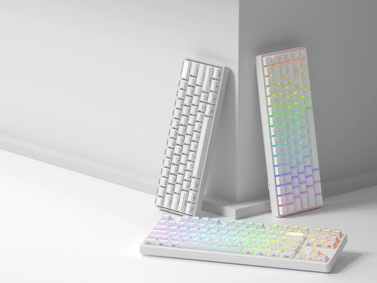 A display of custom printed jelly keycaps for mechanical keyboards, showing various colors and layouts.