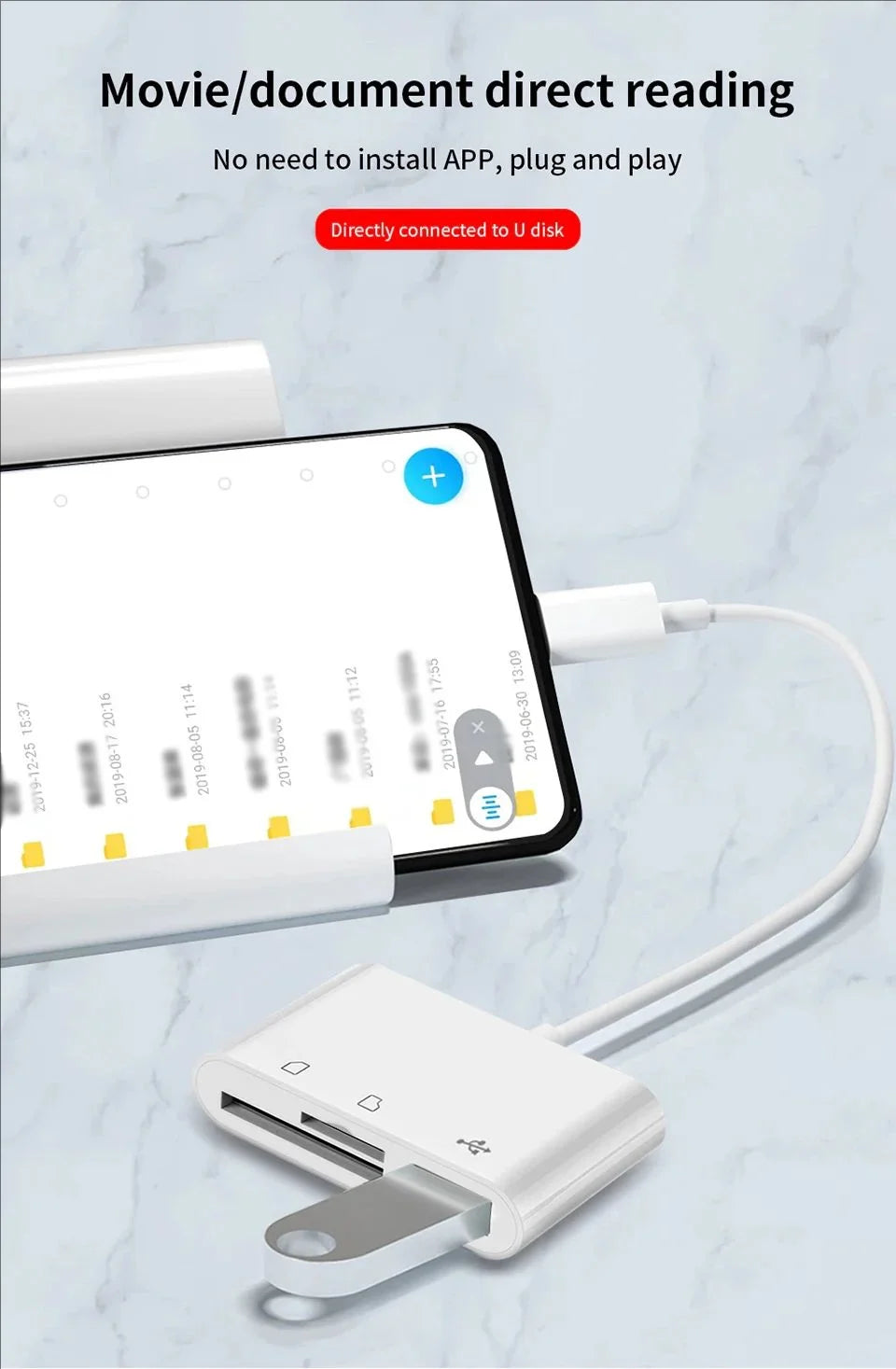 Un lector de tarjetas blanco conectado a un smartphone por cable, demostrando lectura directa.