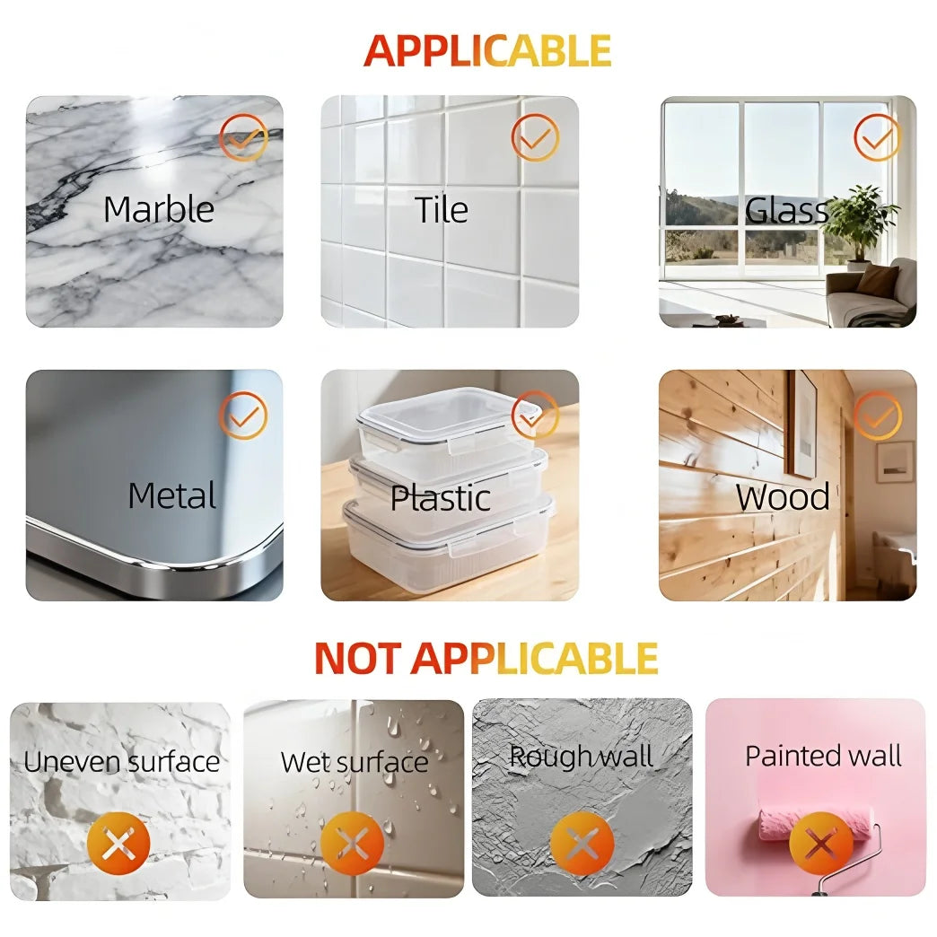 Diagram showing which surfaces are applicable and not applicable for heavy duty double-sided nano adhesive tape on marble, ti