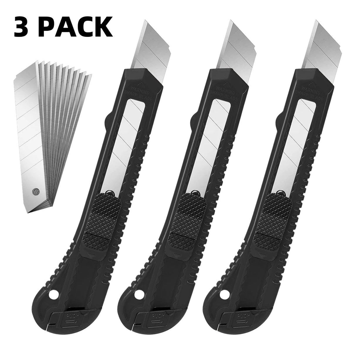 A set of three black retractable utility box cutters with silver blades shown in a pack.
