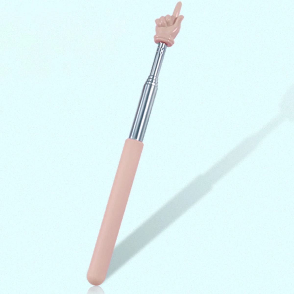 A pink retractable teacher pointer stick with a silver shaft and a finger pointing upwards.