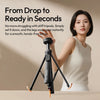 A woman demonstrates setting up a magnetic phone tripod quickly on a table.