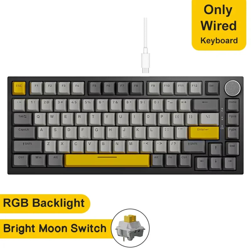 A black mechanical keyboard featuring an ESC key, various function keys, and an RGB backlight with a bright moon switch.