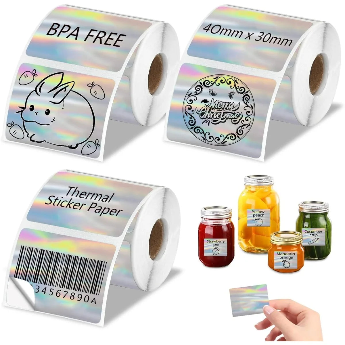 Rollen BPA-freier holografischer Thermolabels, 40x30mm mit Barcode und verschiedenen bunten Etiketten