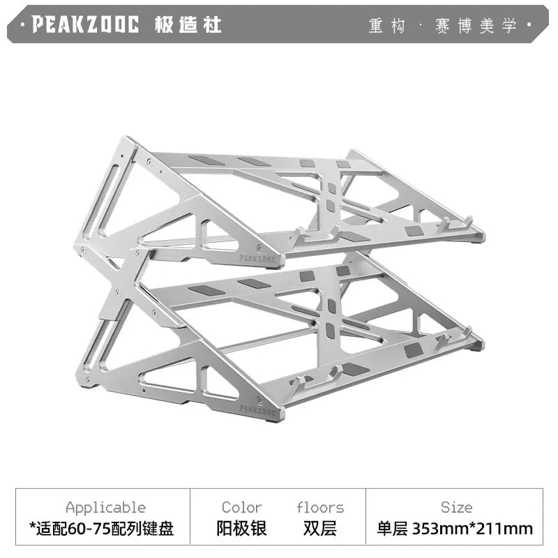 A silver metal keyboard display stand with a modular frame design.