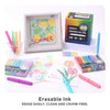 A collection of colorful erasable gel pens and a box featuring a summer themed design.