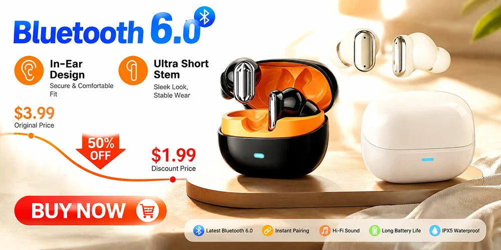 Une paire d'écouteurs intra-auriculaires noir et orange présentée sur une surface en bois avec les caractéristiques associées
