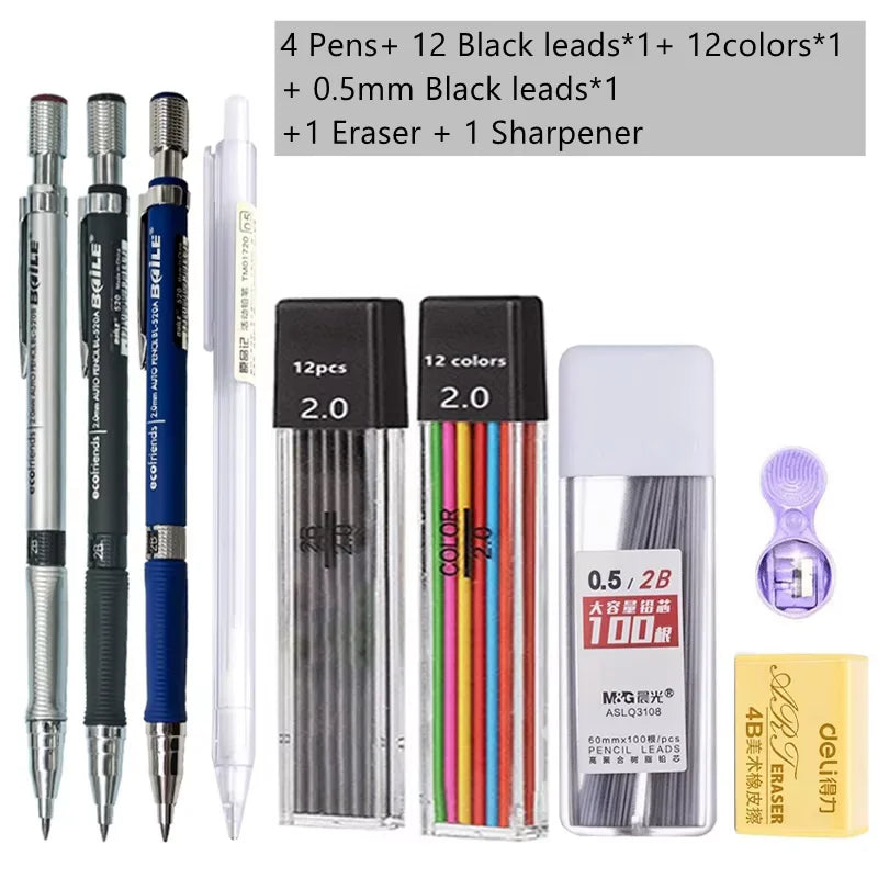 A set of mechanical pencils including 4 pens, 12 black leads, 1 eraser, and 1 sharpener.