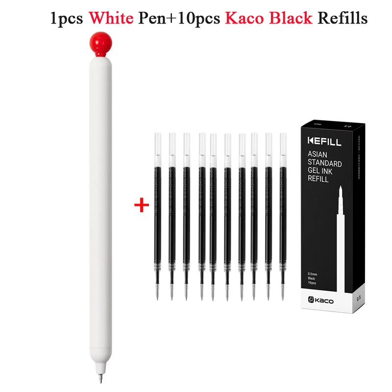 A set of 1 pen and 10 refills of white and black Kaco gel ink pens.