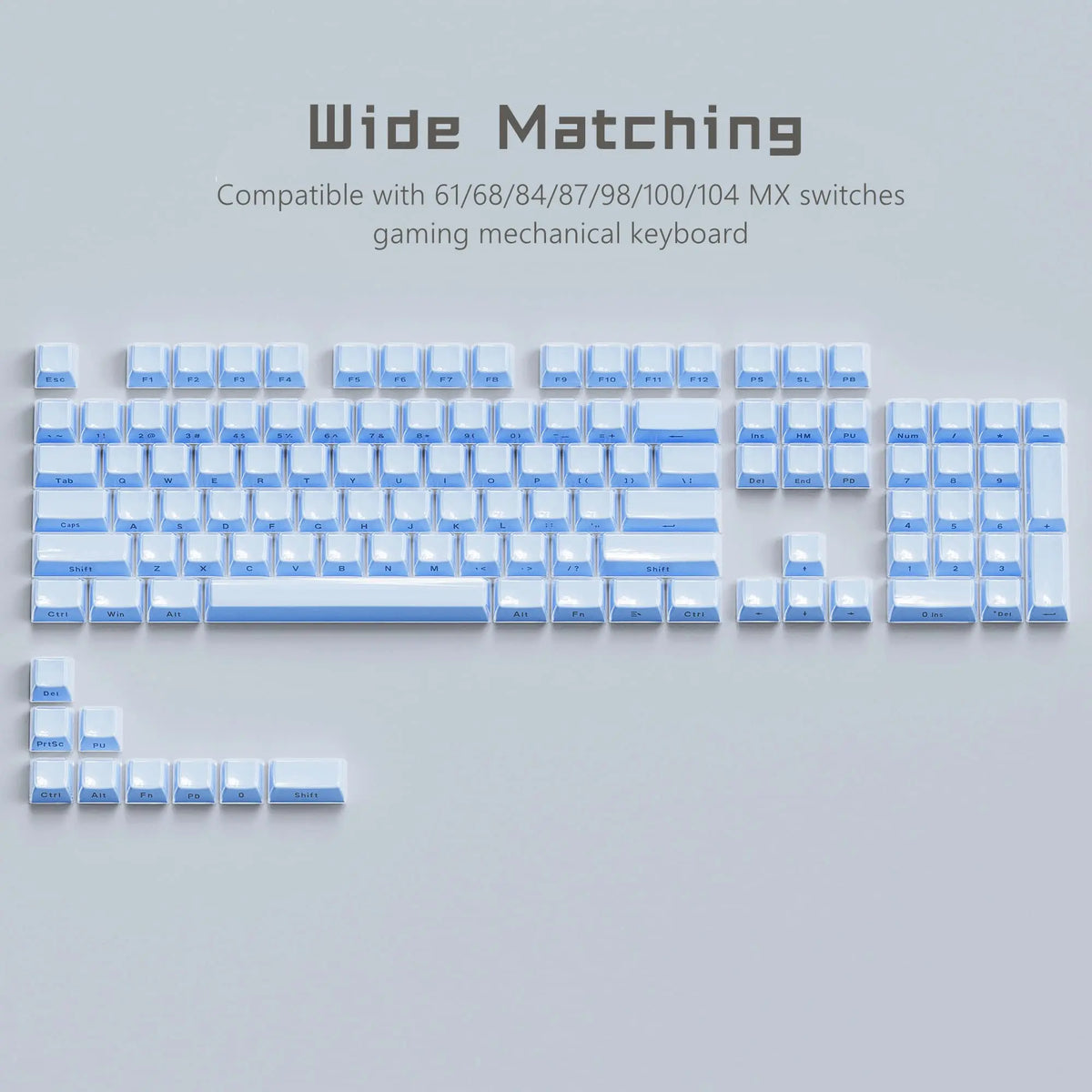 A layout of custom printed light blue jelly keycaps for a mechanical keyboard, showing various switches and keys.