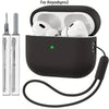 A black case for AirPods Pro 2 showing the charging case, silicone ear tips, cleaning pen, and lanyard.