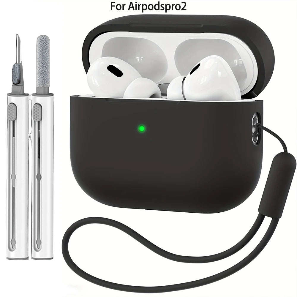 A black case for AirPods Pro 2 showing the charging case, silicone ear tips, cleaning pen, and lanyard.