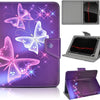 A purple leather folio case featuring a butterfly design, shown alongside a gray tablet case.