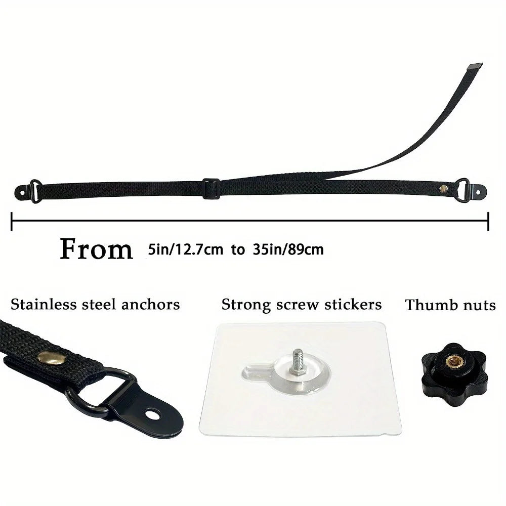 A black adjustable TV safety strap with a long cord and various stainless steel anchors and thumb nuts.