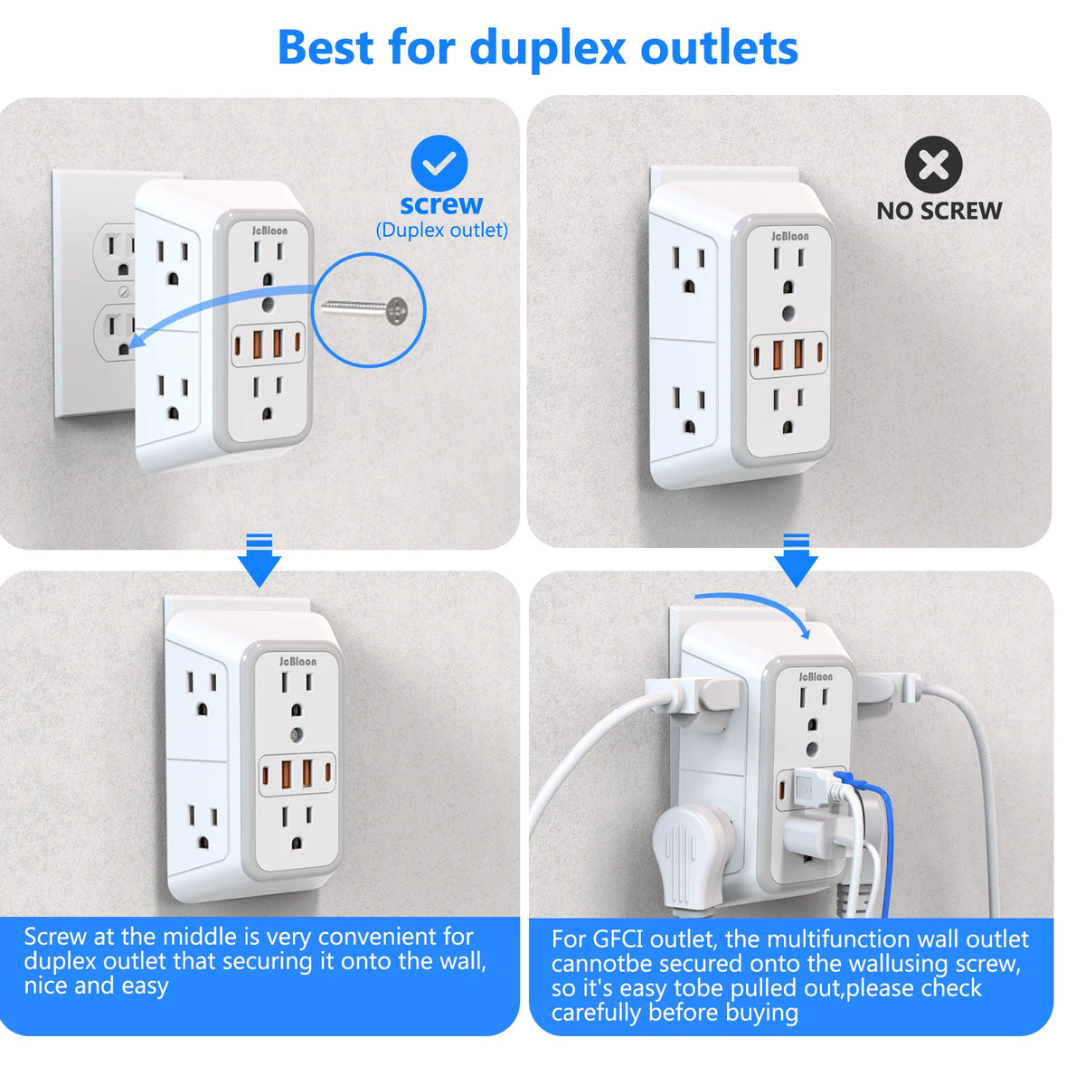 A white multi-port power strip is shown with options for duplex outlets and GFCI outlets.