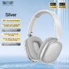 Silver over-ear headphones with soft earcups shown against a light blue background.