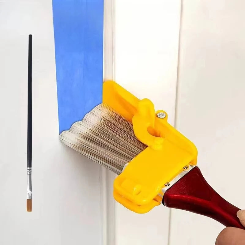A yellow precision corner paint brush is shown applying blue paint to a white wall surface.