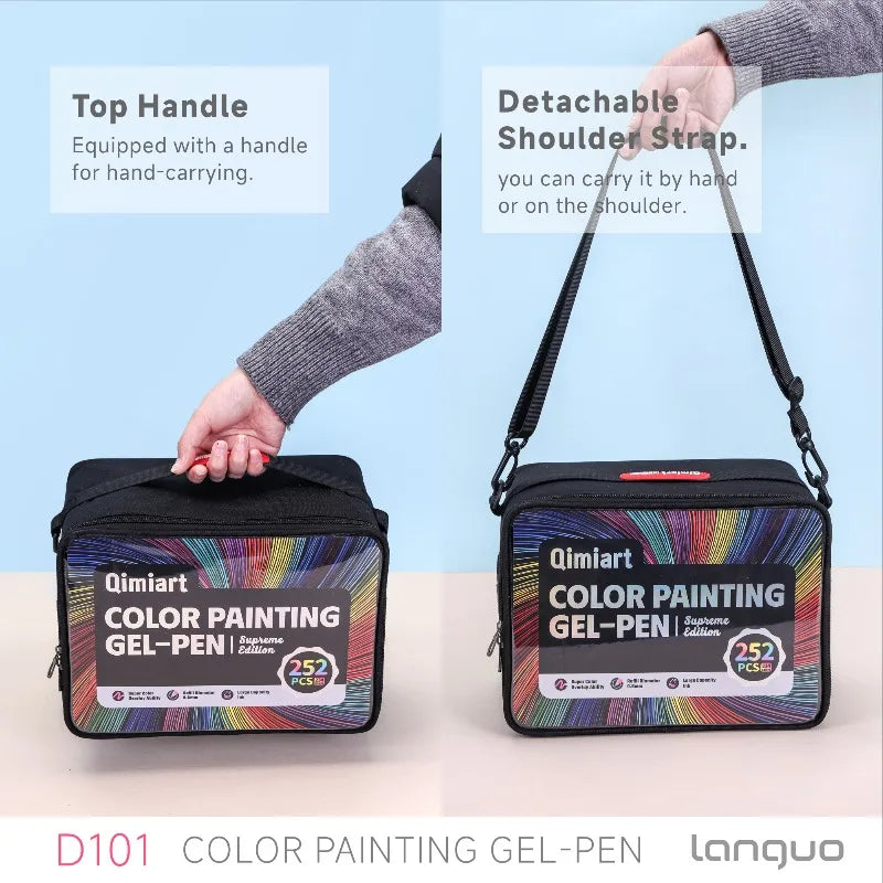 A hand is holding a Qimiart color painting gel-pen set with a detachable shoulder strap.