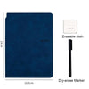 A dark blue cloth notebook and a black dry-erase marker are shown with dimensions.